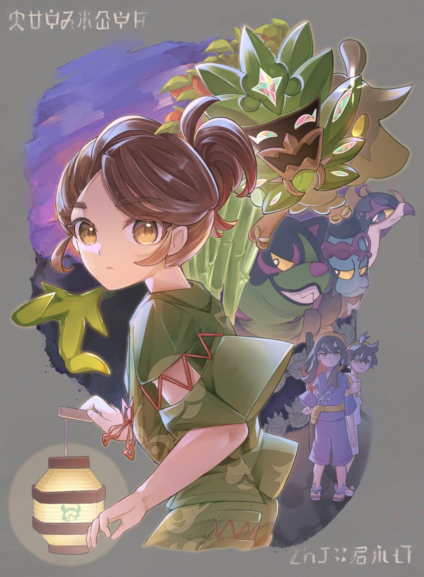 kieran, juliana, carmine, ogerpon, okidogi, and 1 more (pokemon and 1 more) drawn by tonbo_(tonbo63194)