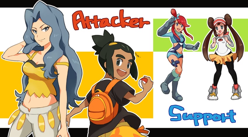 rosa, skyla, hau, and karen (pokemon and 5 more) drawn by jie_tian