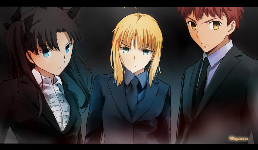 artoria pendragon, saber, tohsaka rin, and emiya shirou (fate and 1 more) drawn by magicians_(zhkahogigzkh)