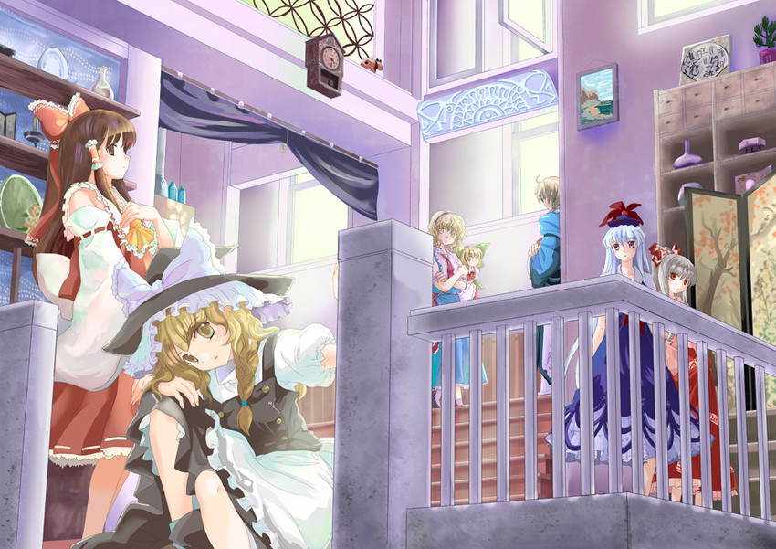 hakurei reimu, kirisame marisa, alice margatroid, fujiwara no mokou, kamishirasawa keine, and 2 more (touhou) drawn by nanami_sano