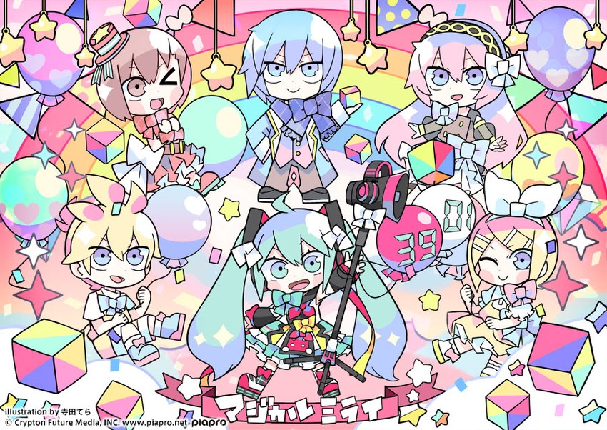 hatsune miku, kagamine rin, kagamine len, megurine luka, kaito, and 7 more (vocaloid and 1 more) drawn by terada_tera
