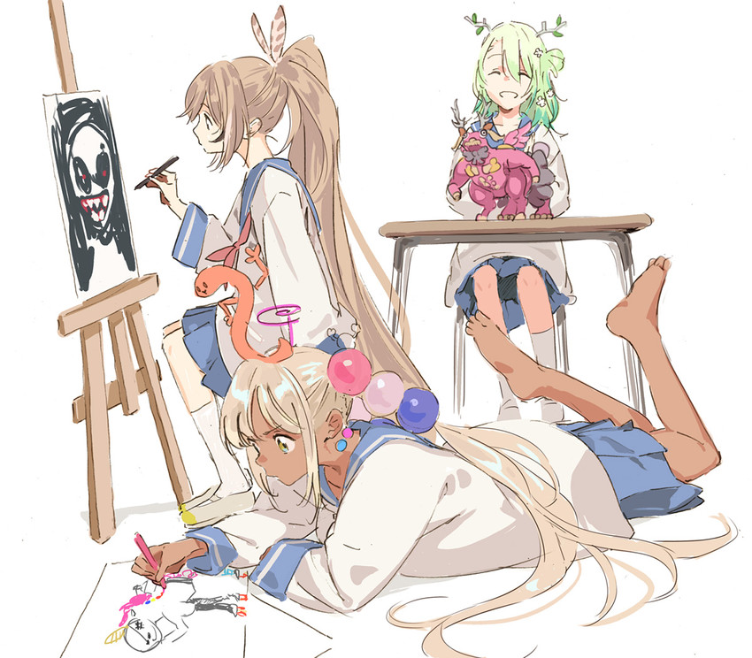 nanashi mumei, ceres fauna, tsukumo sana, nightmare, yatagarasu, and 1 more (hololive and 2 more) drawn by pako_(pakosun)