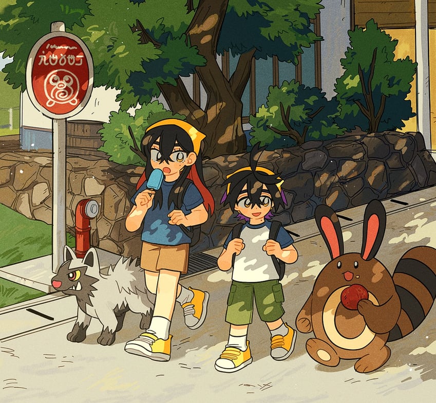 kieran, carmine, sentret, and poochyena (pokemon and 1 more) drawn by 2hyu_00