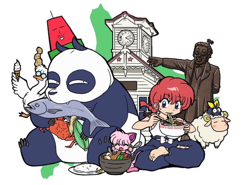 ranma-chan, shampoo, p-chan, saotome genma, mousse, and 1 more (ranma 1/2) drawn by wanta_(futoshi)