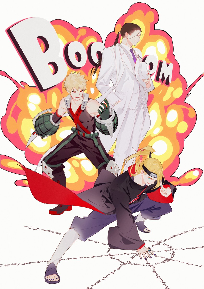 bakugou katsuki, deidara, and solf j. kimblee (boku no hero academia and 3 more) drawn by bai_wu_dong