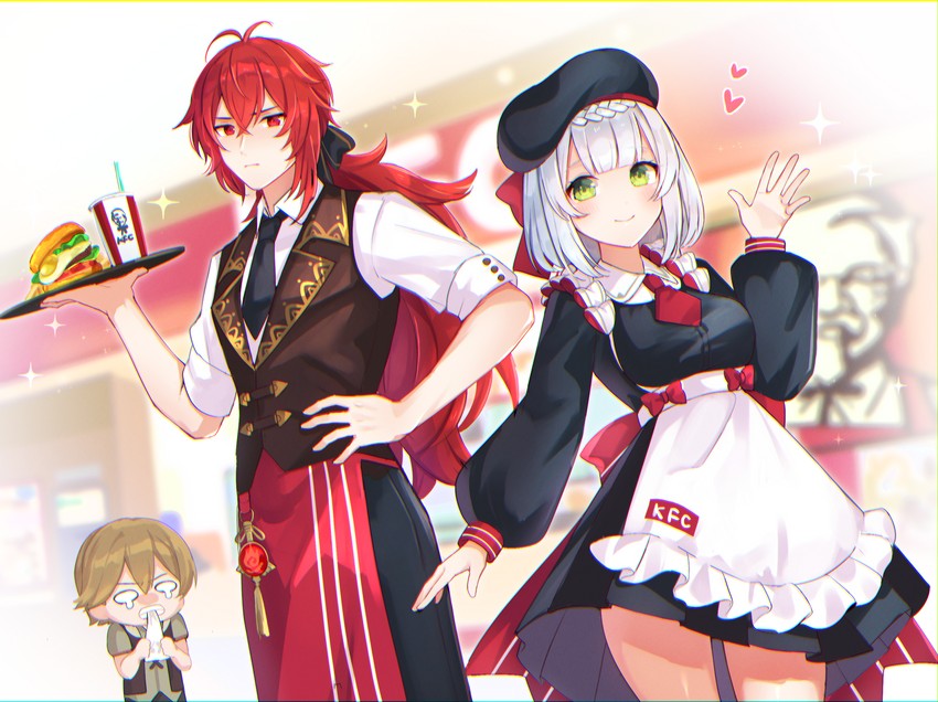 diluc, noelle, colonel sanders, and timmie (genshin impact and 1 more) drawn by goroo_(eneosu)