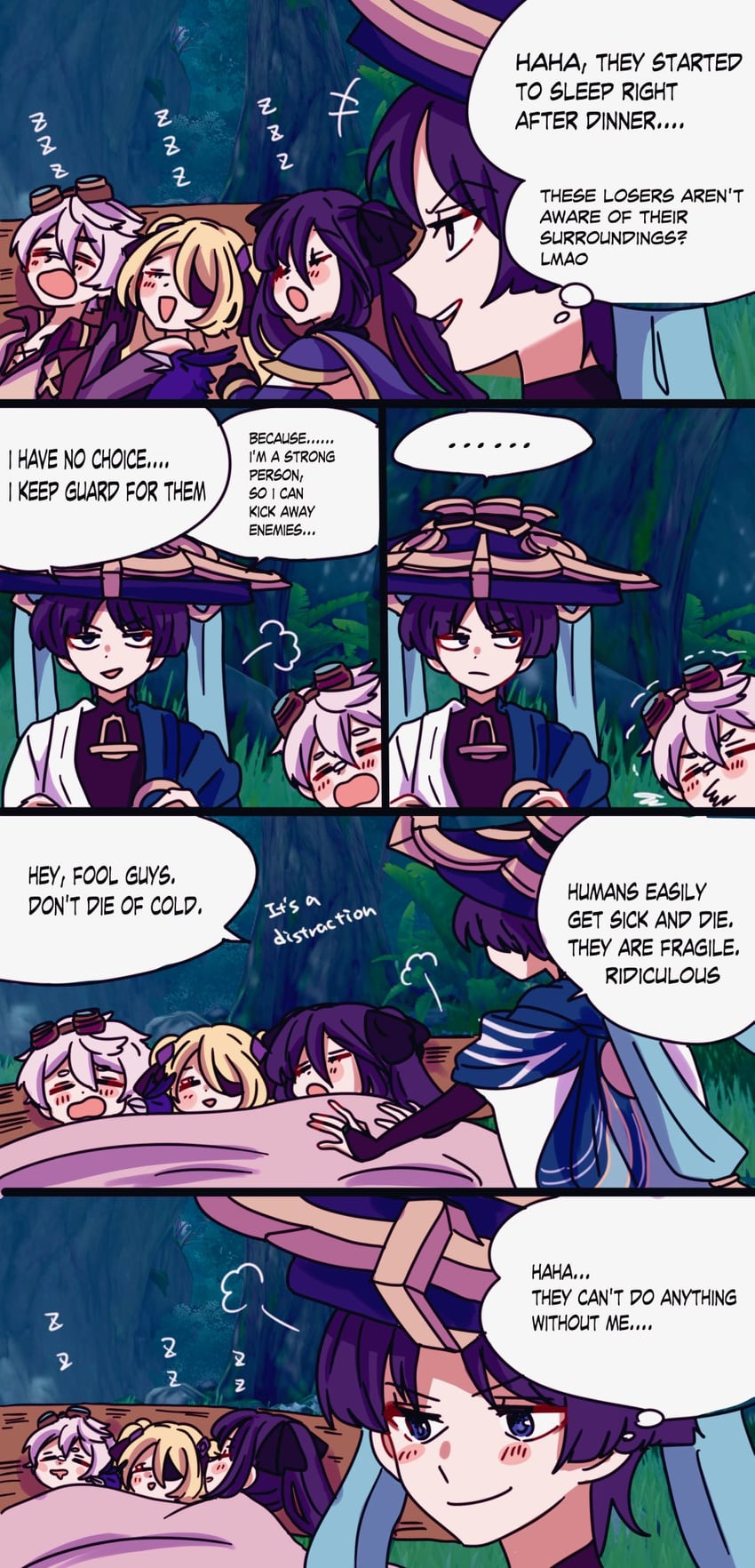 scaramouche, wanderer, mona, fischl, bennett, and 1 more (genshin impact) drawn by cocotsuko1204