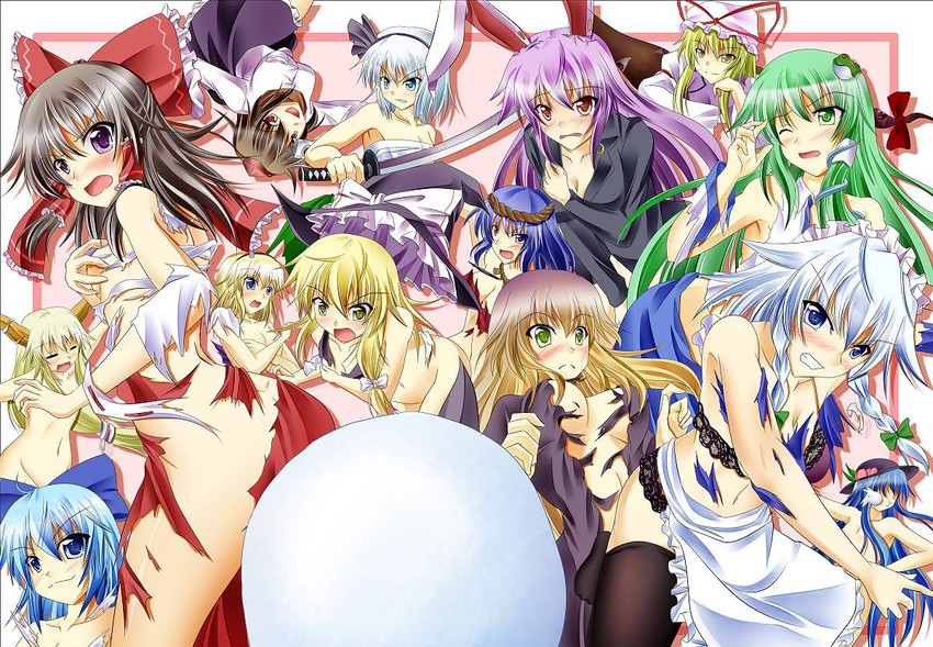 hakurei reimu, kirisame marisa, izayoi sakuya, kochiya sanae, cirno, and 8 more (touhou) drawn by campbell_gichou