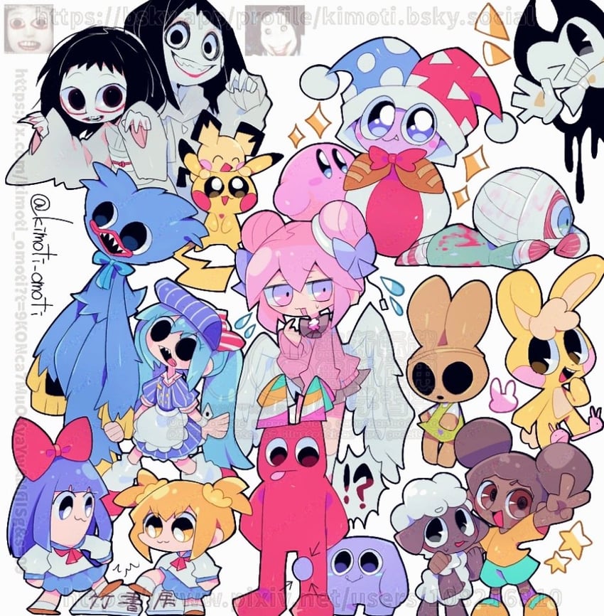 hatsune miku, pikachu, kirby, popuko, pichu, and 15 more (pokemon and 13 more) drawn by kimoti_omoti