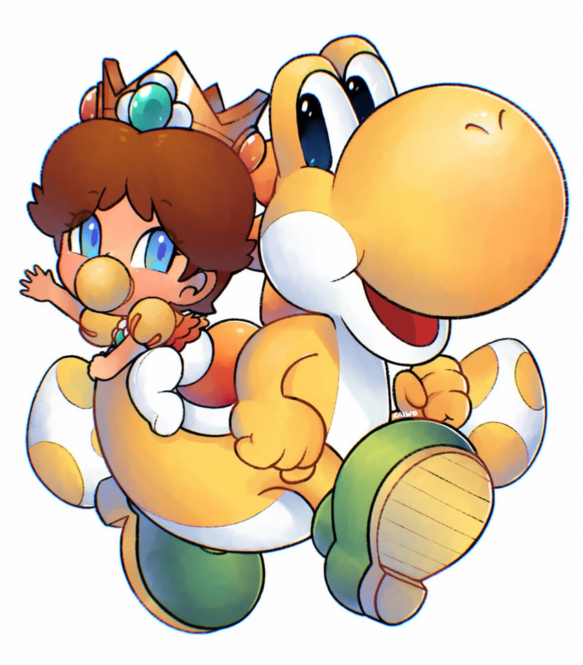 princess daisy, yoshi, yellow yoshi, and baby daisy (mario) drawn by saiwo_(saiwoproject)