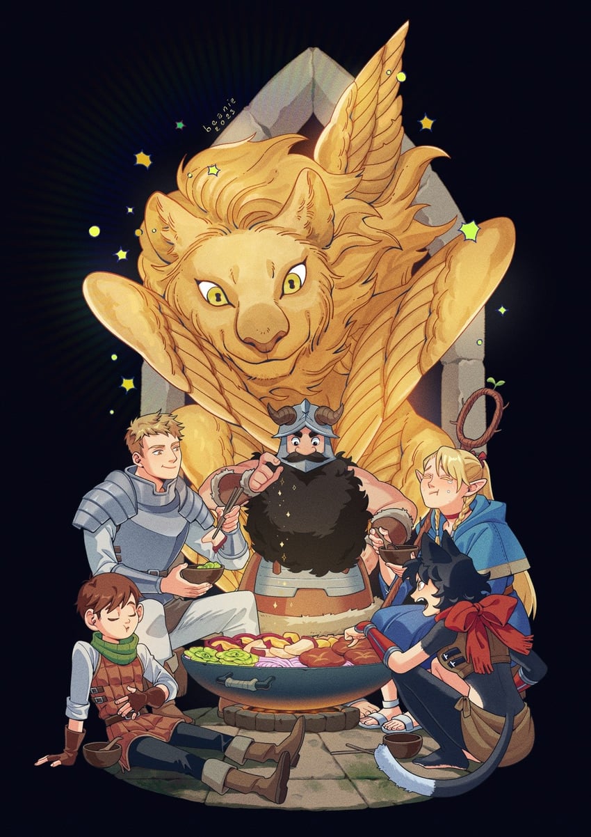 marcille donato, laios touden, senshi, chilchuck tims, izutsumi, and 1 more (dungeon meshi) drawn by beaniewinnie96