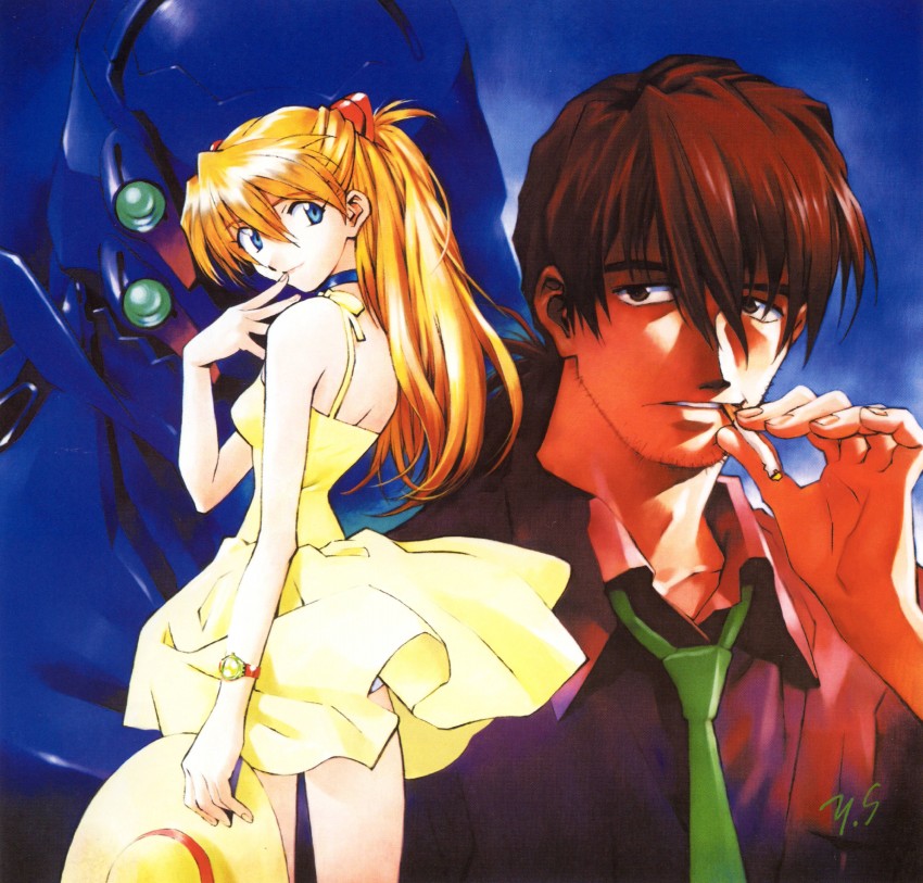 souryuu asuka langley, eva 02, and kaji ryouji (neon genesis evangelion) drawn by sadamoto_yoshiyuki
