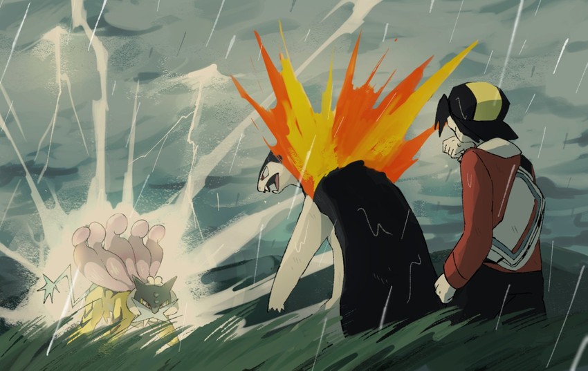 ethan, typhlosion, and raikou (pokemon and 1 more) drawn by mashita._(mentaiko_omoti)