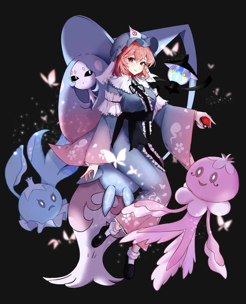 saigyouji yuyuko, hatterene, lampent, and frillish (touhou and 1 more) drawn by saple