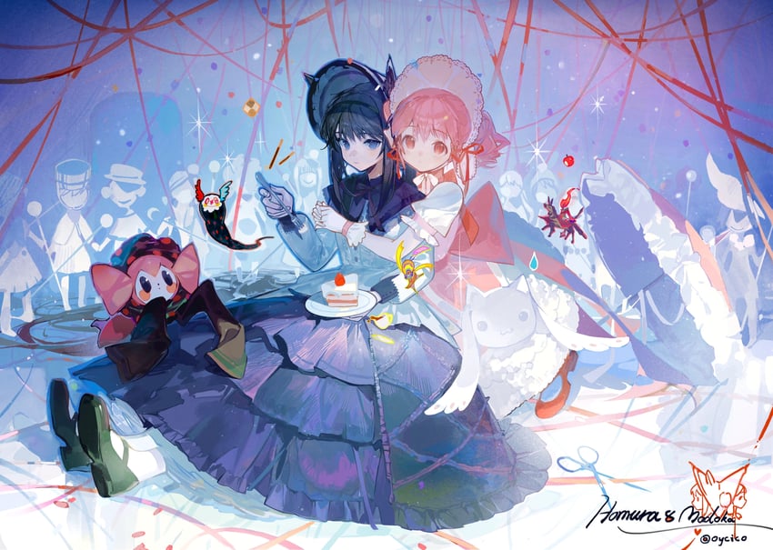 akemi homura, kaname madoka, kyubey, charlotte, clara dolls, and 1 more (mahou shoujo madoka magica) drawn by qinghejunzi