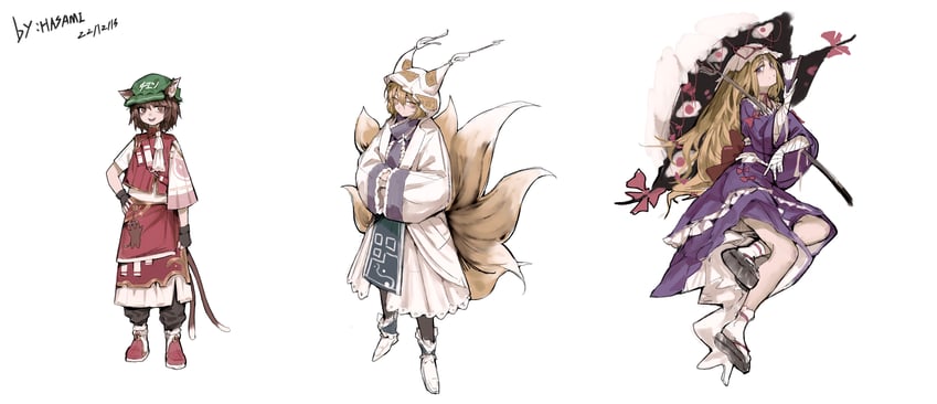 yakumo yukari, yakumo ran, and chen (touhou) drawn by hua_ha_jiazi