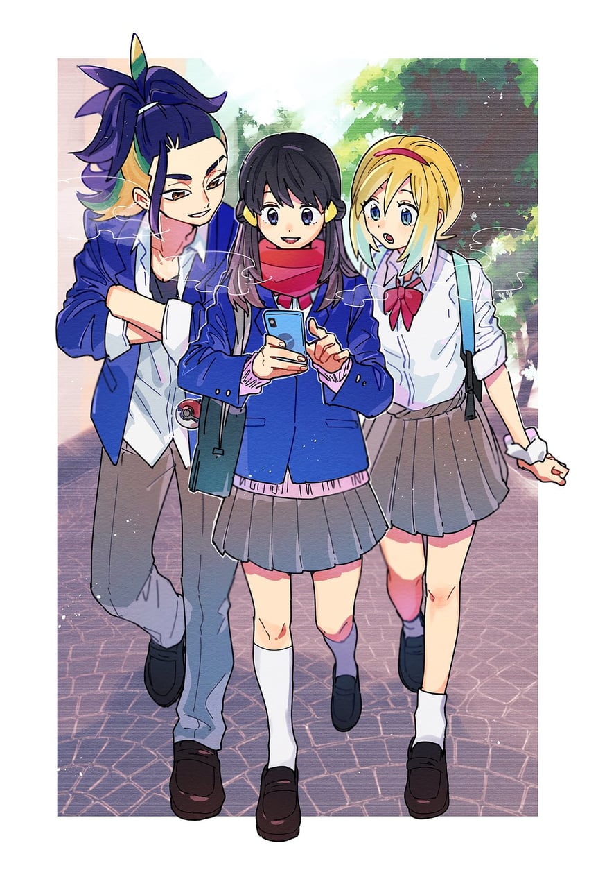 akari, irida, and adaman (pokemon and 1 more) drawn by teba_paradise