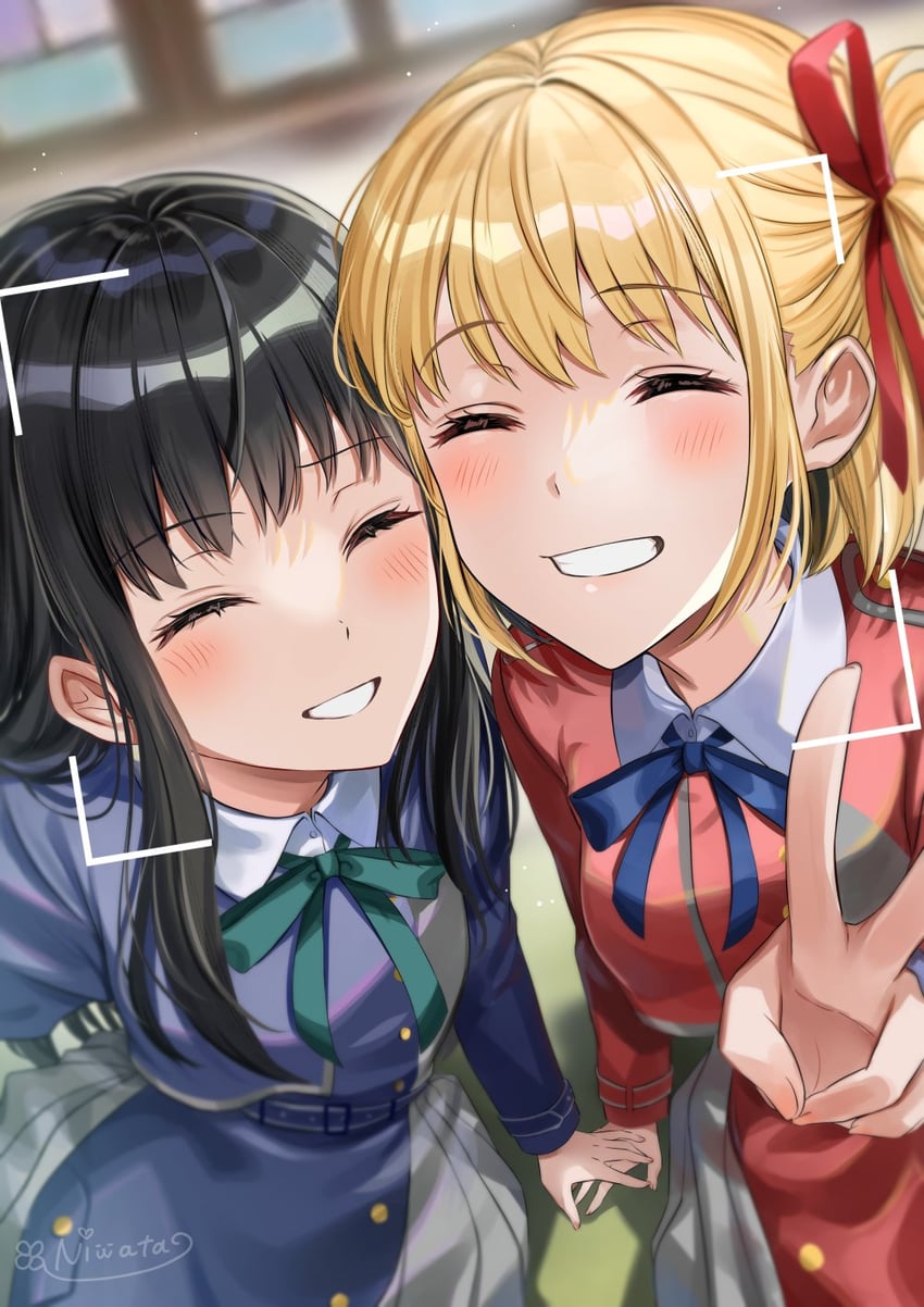 nishikigi chisato and inoue takina (lycoris recoil) drawn by niwata0