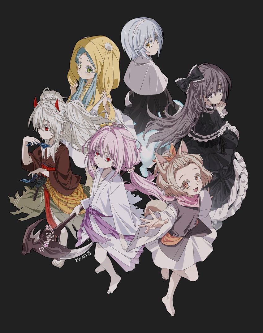 ash blossom & joyous spring, ghost ogre & snow rabbit, ghost belle & haunted mansion, ghost sister & spooky dogwood, ghost reaper & winter cherries, and 1 more (yu-gi-oh!) drawn by kaichou_(homehome_h)
