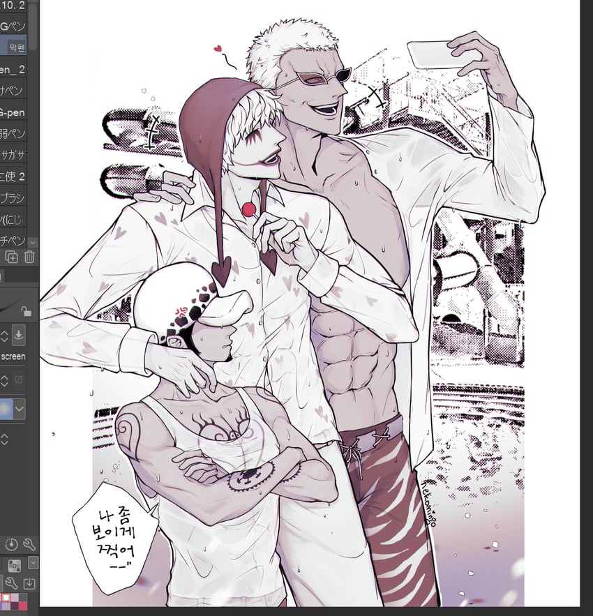 trafalgar law, donquixote doflamingo, and donquixote rocinante (one piece) drawn by nekomingo