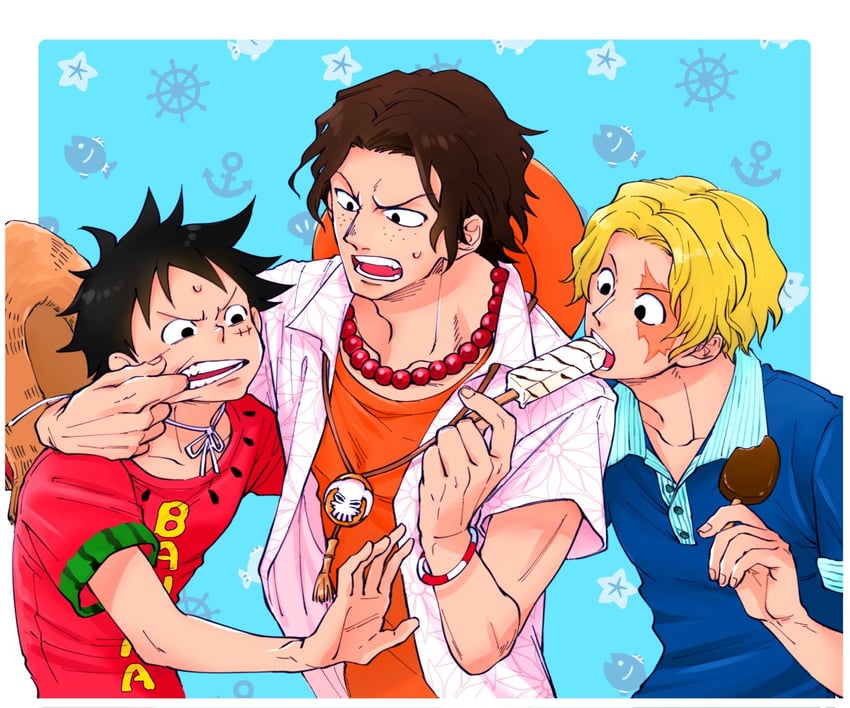 monkey d. luffy, portgas d. ace, and sabo (one piece) drawn by chabo_(niwatori_bosori)
