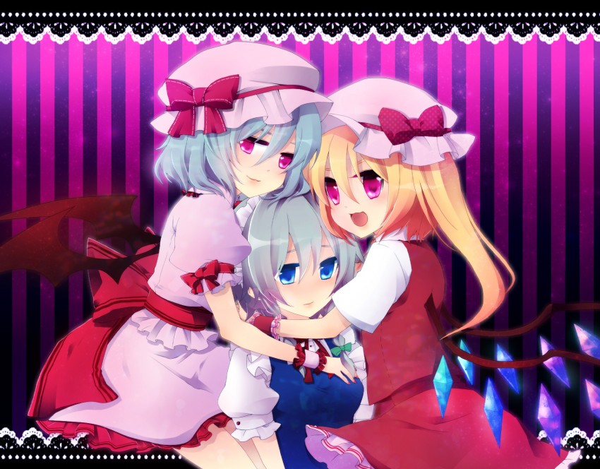 remilia scarlet, flandre scarlet, and izayoi sakuya (touhou) drawn by iwashita_(nukopo)