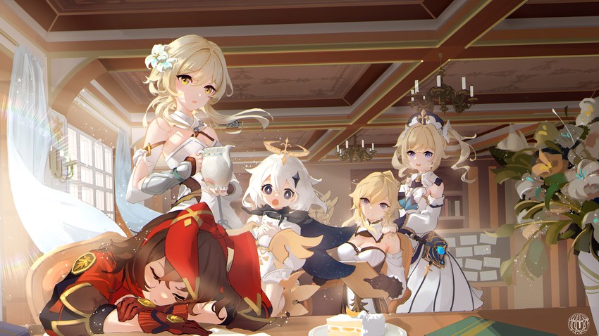 lumine, paimon, barbara, jean, and amber (genshin impact) drawn by saika2017