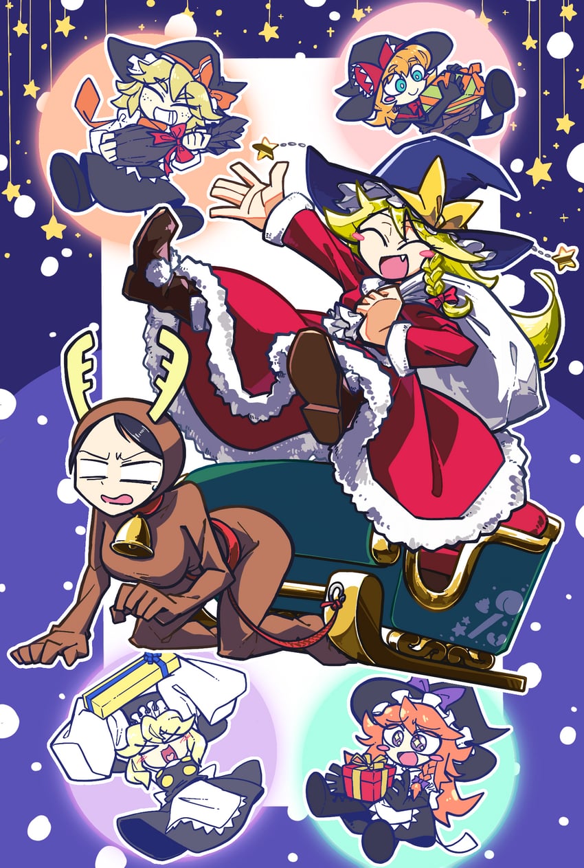 hakurei reimu, kirisame marisa, meguru, yuuhi, shiromiya rei, and 3 more (touhou and 1 more) drawn by amerika_zarigani