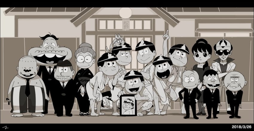 matsuno osomatsu, matsuno karamatsu, matsuno ichimatsu, matsuno jyushimatsu, matsuno choromatsu, and 11 more (osomatsu and 2 more) drawn by matahei