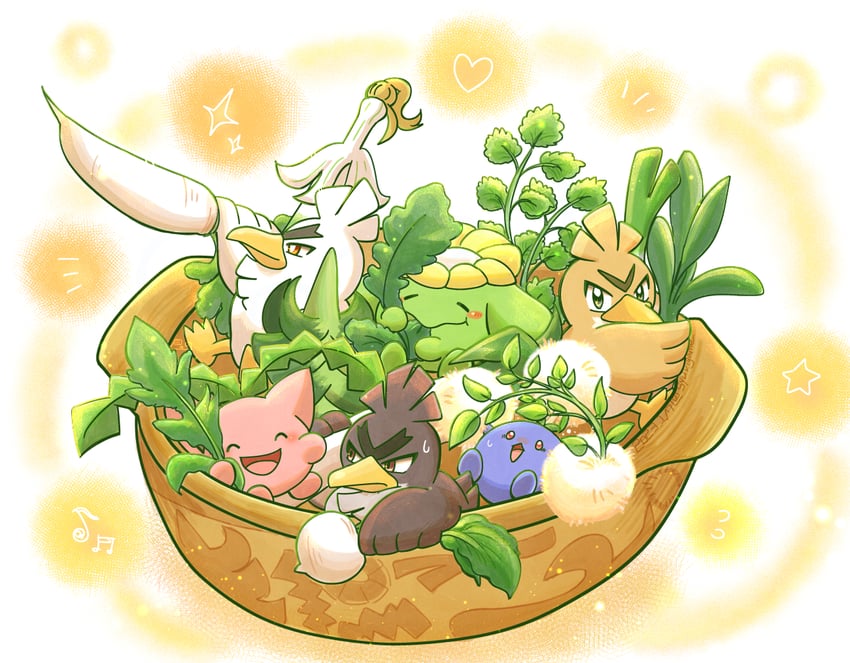 jumpluff, sirfetch'd, farfetch'd, skiploom, and galarian farfetch'd (pokemon) drawn by shuri_(syurigame)
