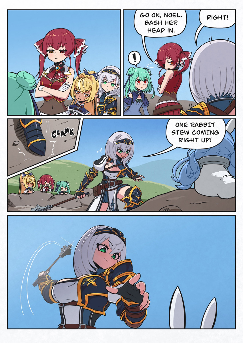 houshou marine, usada pekora, shirogane noel, uruha rushia, shiranui flare, and 1 more (hololive and 2 more) drawn by nyaring943