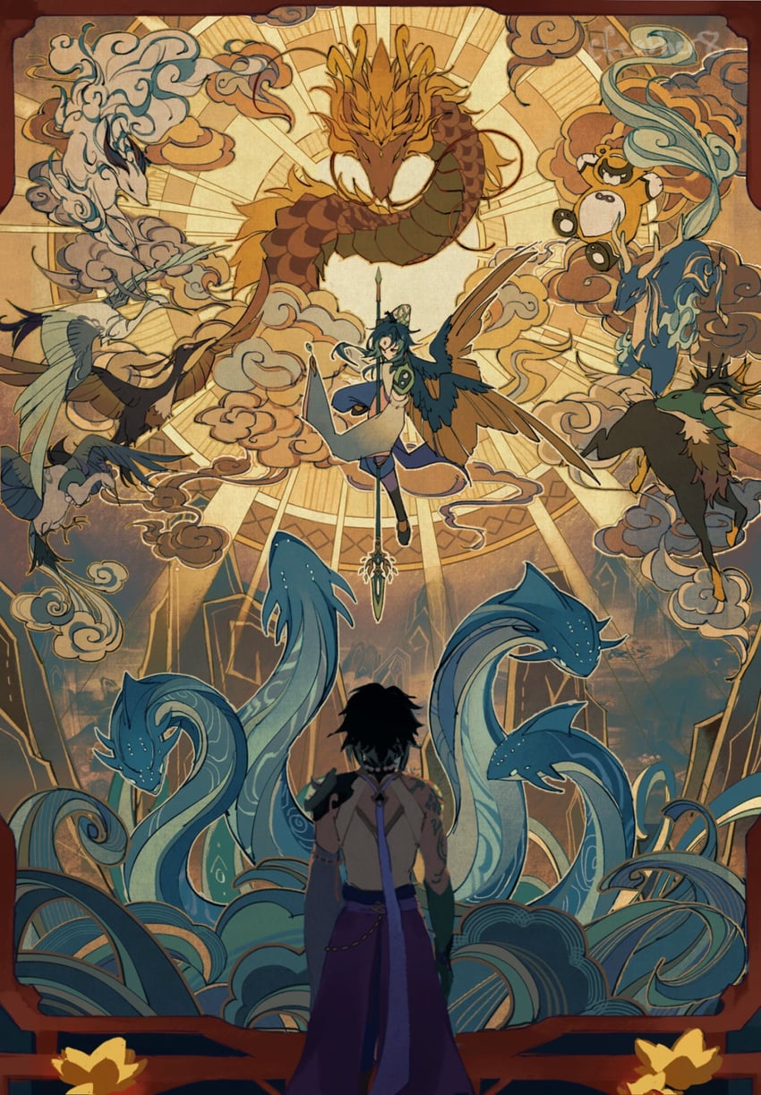 ganyu, xiao, xianyun, guoba, rex lapis, and 6 more (genshin impact) drawn by cfeather8