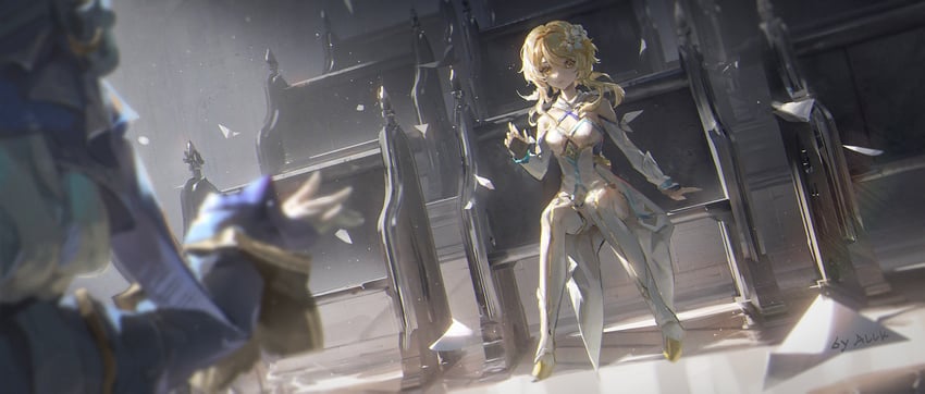 lumine and focalors (genshin impact) drawn by ming_zhentan_allk