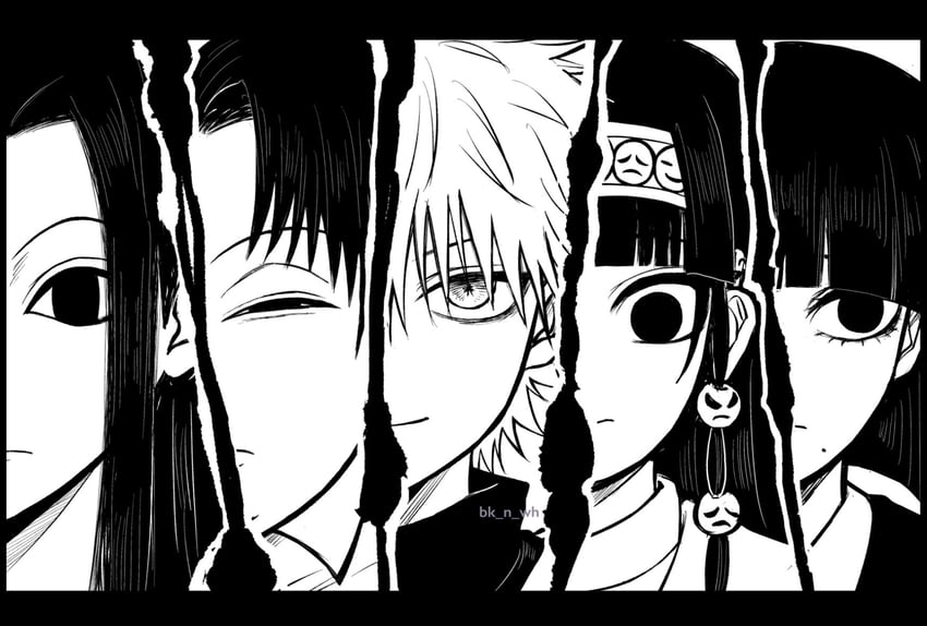 killua zoldyck, illumi zoldyck, alluka zoldyck, kalluto zoldyck, and milluki zoldyck (hunter x hunter) drawn by bk_n_wh