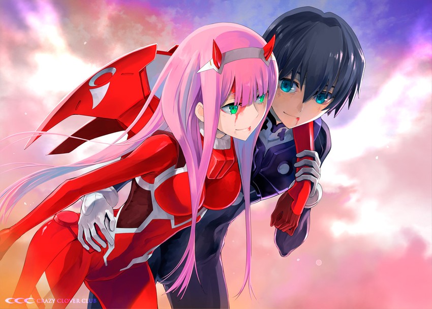 zero two and hiro (darling in the franxx) drawn by shirotsumekusa