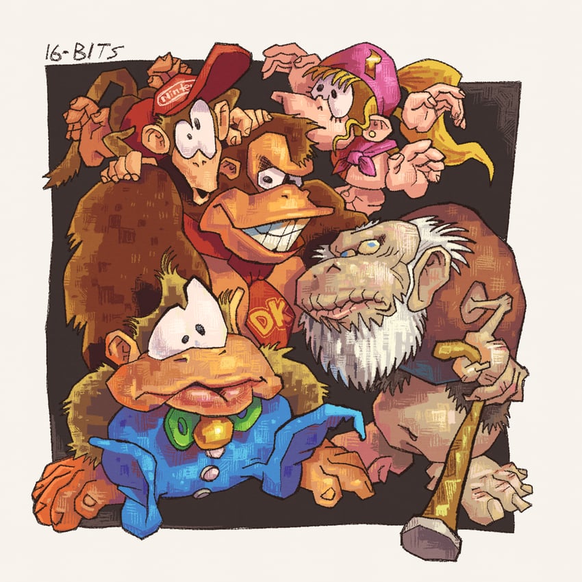 donkey kong, diddy kong, dixie kong, cranky kong, and kiddy kong (donkey kong and 1 more) drawn by captionpanic