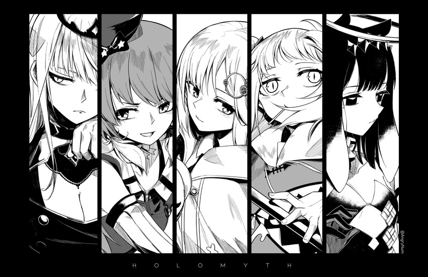gawr gura, mori calliope, ninomae ina'nis, takanashi kiara, and watson amelia (hololive and 1 more) drawn by num_(angrynum)