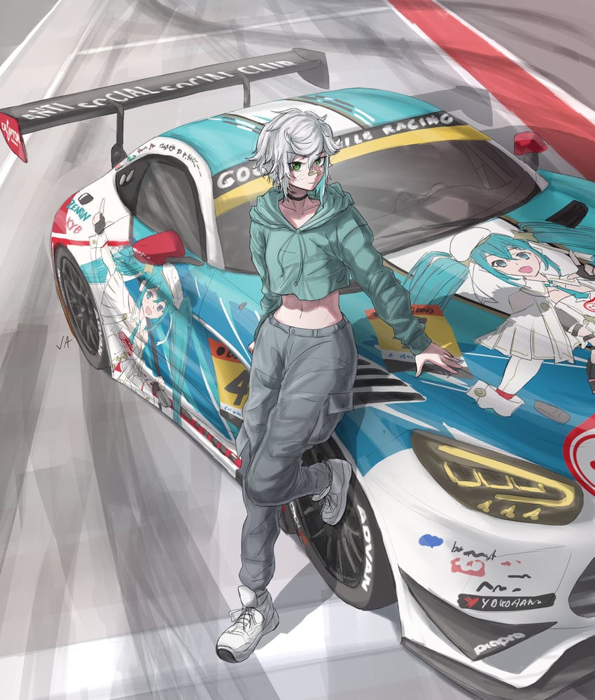 hatsune miku, racing miku, and tommie (original and 4 more) drawn by justuskuro