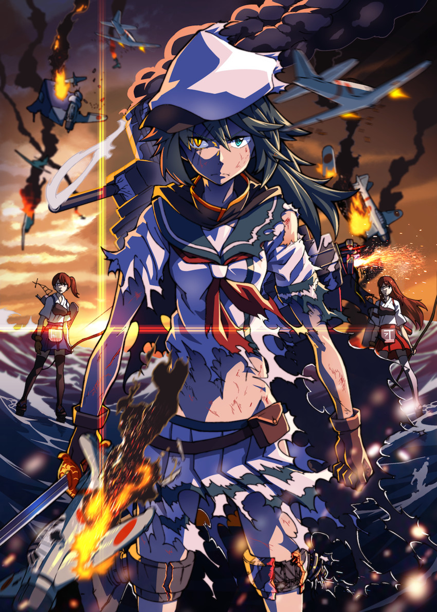 kaga, akagi, kiso, and enemy aircraft (kantai collection) drawn by rinta_(reyte)