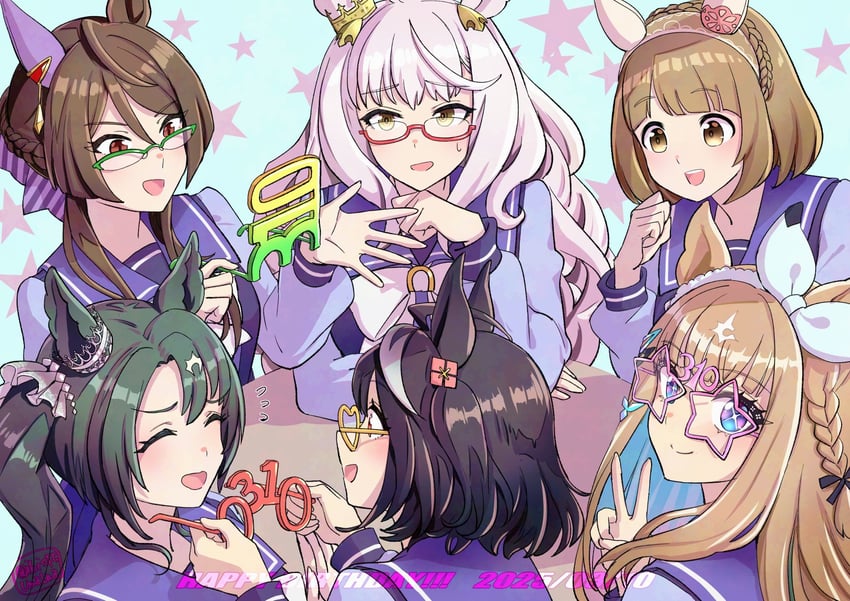 kitasan black, biwa hayahide, almond eye, satono crown, yukino bijin, and 1 more (umamusume) drawn by hi_(ibisf5umauma)