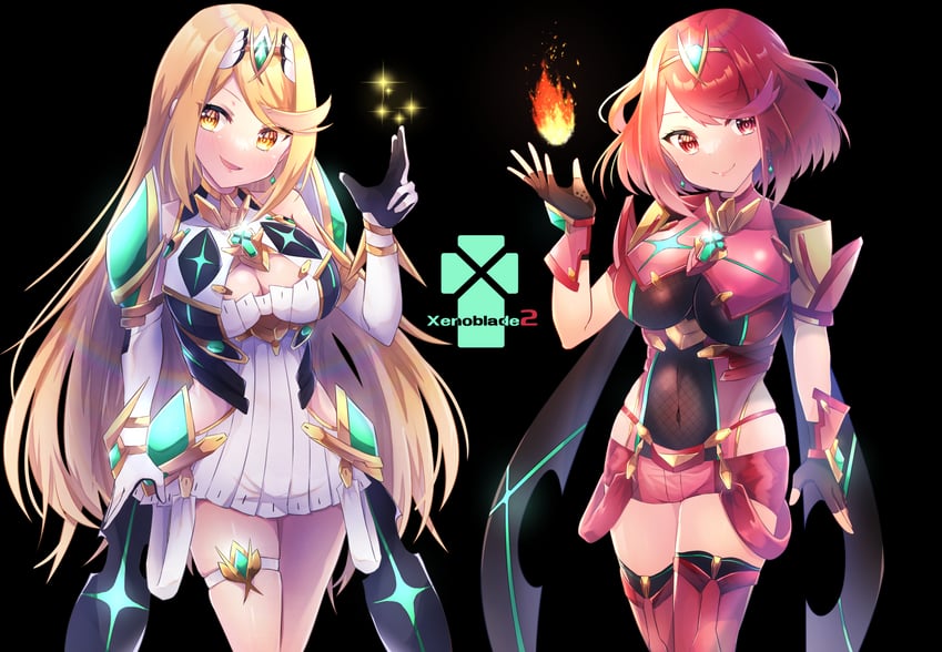 pyra and mythra (xenoblade chronicles and 1 more) drawn by amanoru_mozuku