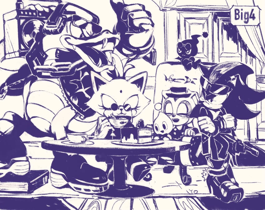 shadow the hedgehog, blaze the cat, cream the rabbit, vector the crocodile, and dark chao (sonic) drawn by iyo_(1eavethebus)