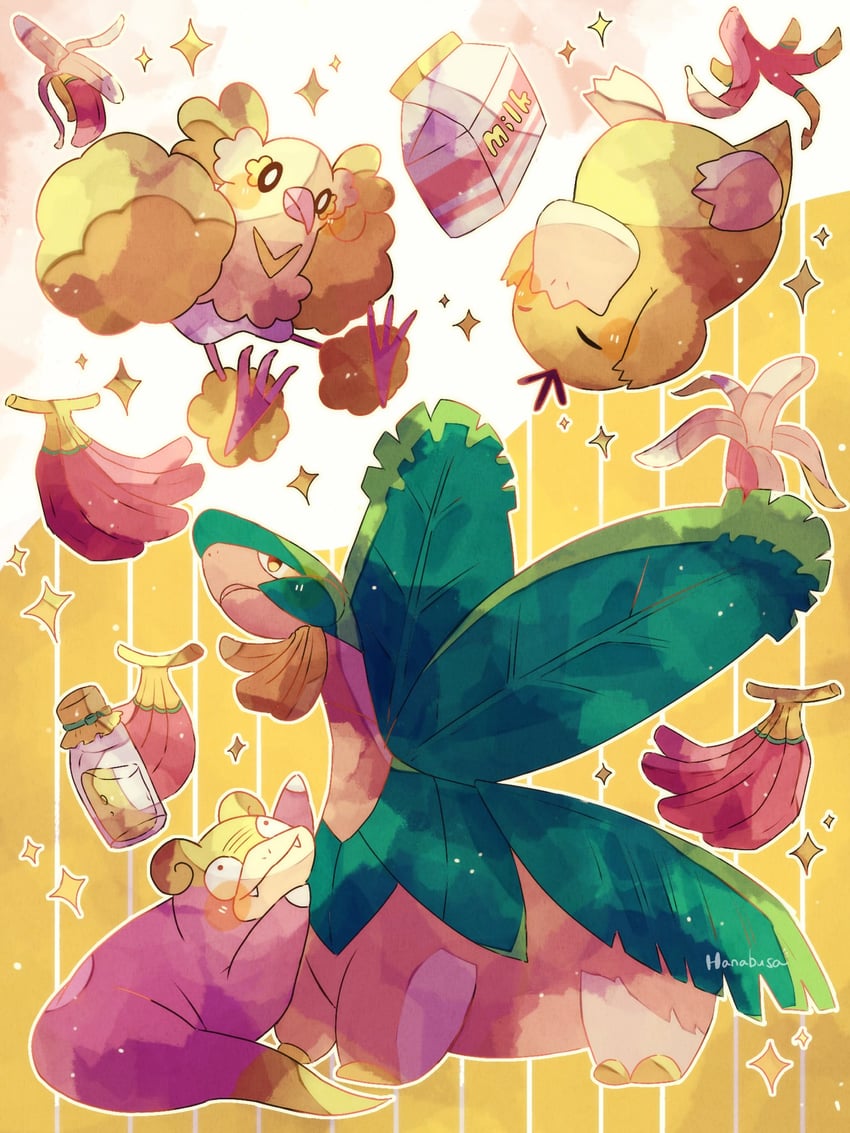 psyduck, slowpoke, oricorio, and tropius (pokemon) drawn by hanabusaoekaki