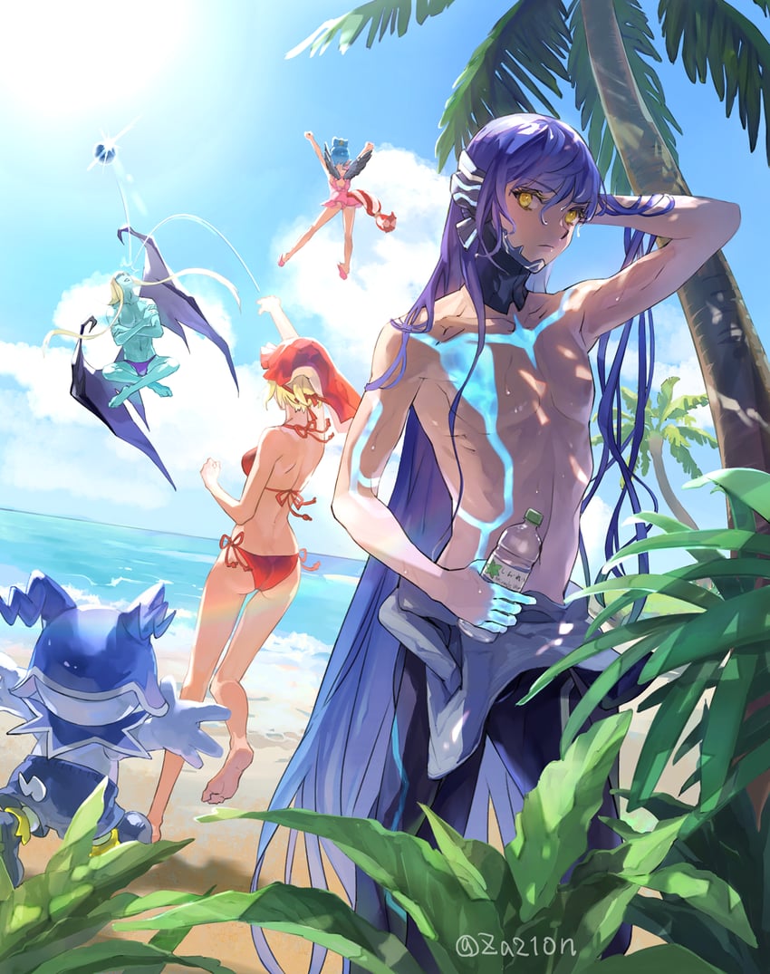 jack frost, protagonist, idunn, amanozako, and loki (shin megami tensei and 1 more) drawn by za210n