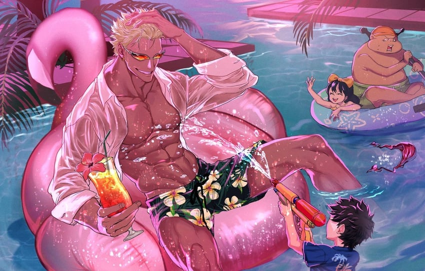 trafalgar law, donquixote doflamingo, baby 5, and buffalo (one piece) drawn by omegatama2