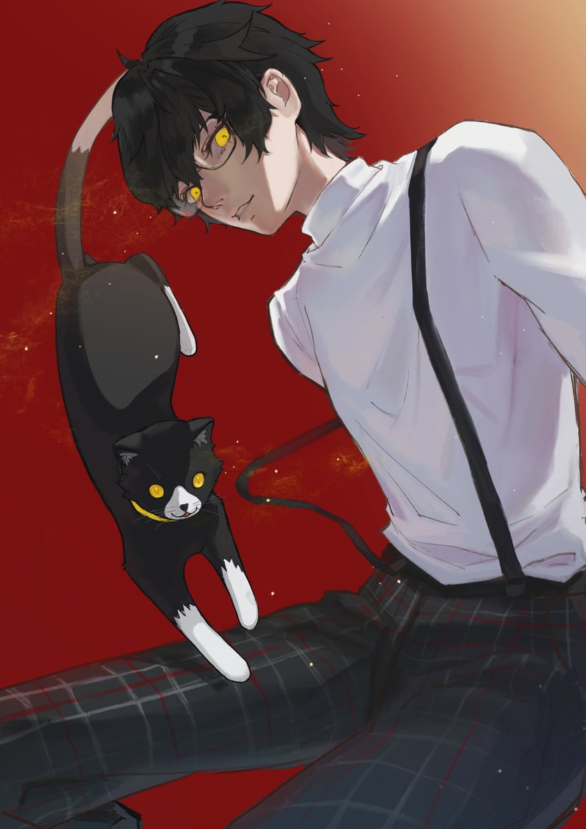 amamiya ren and morgana (persona and 1 more) drawn by liw