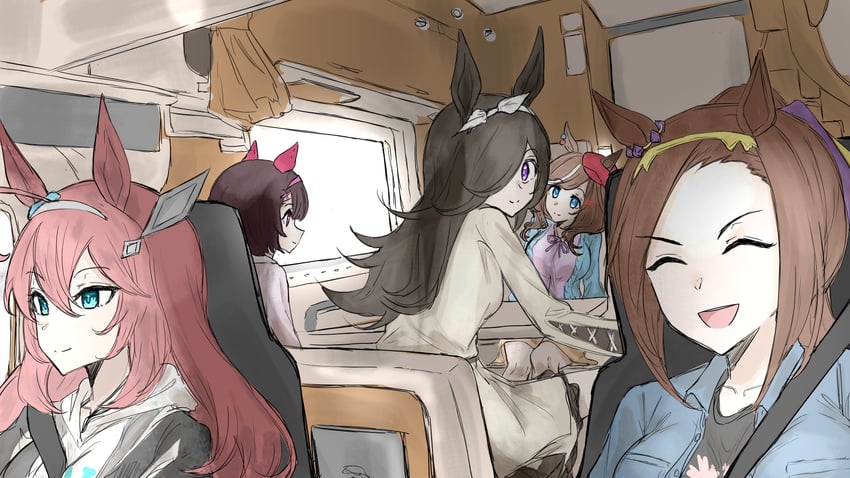 rice shower, mihono bourbon, matikane tannhauser, sakura bakushin o, and nishino flower (umamusume) drawn by kumiyabe