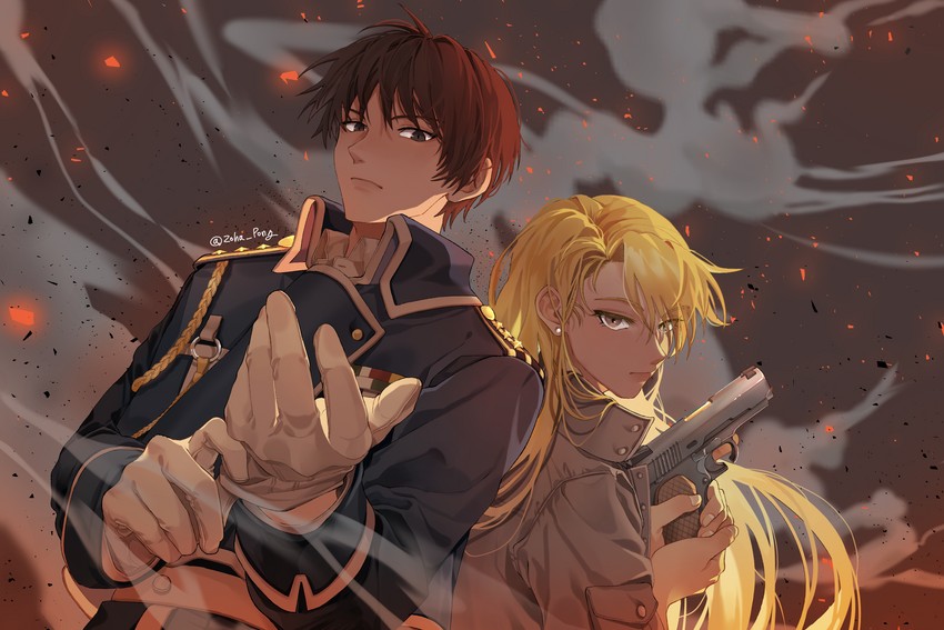 riza hawkeye and roy mustang (fullmetal alchemist) drawn by zoha