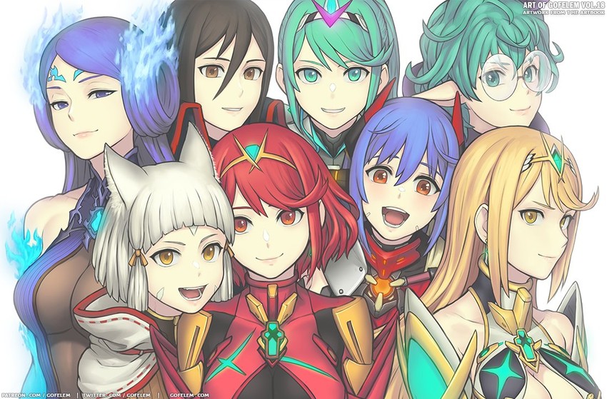 pyra, mythra, nia, pneuma, morag ladair, and 4 more (xenoblade chronicles and 1 more) drawn by gofelem
