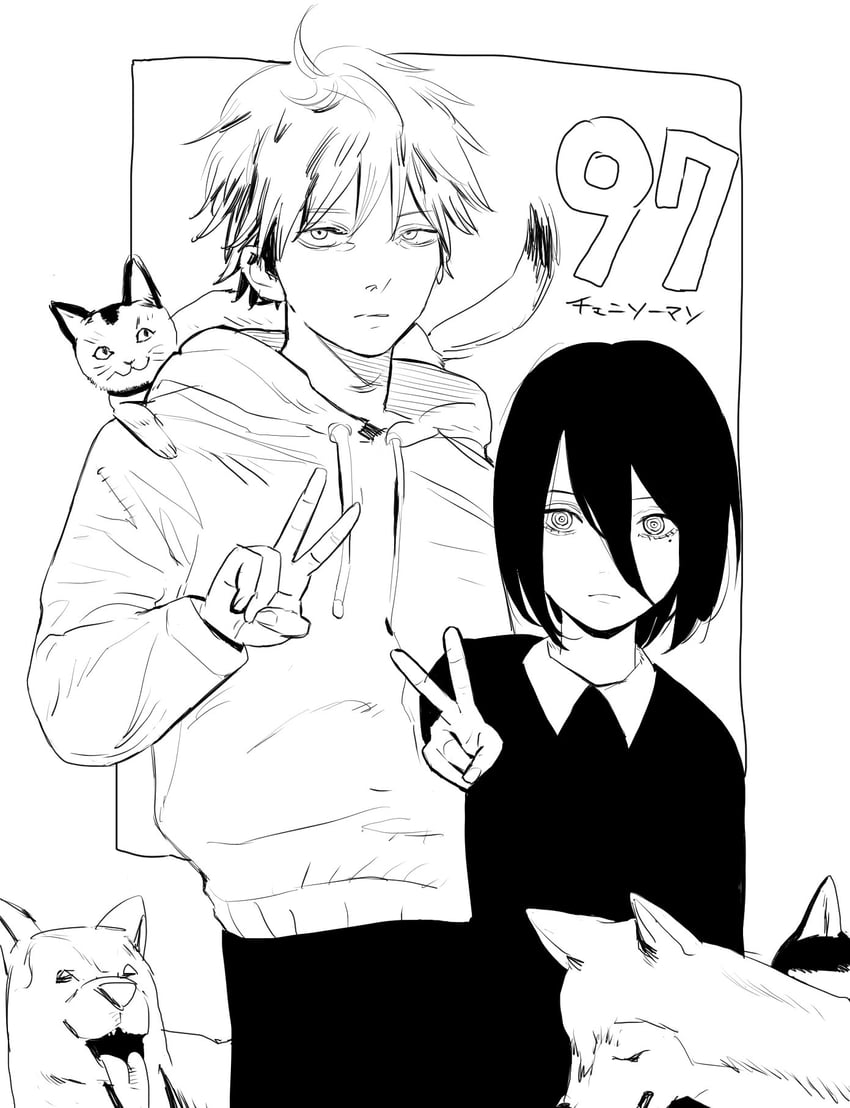denji, nayuta, and meowy (chainsaw man) drawn by riki_(riki_unc)